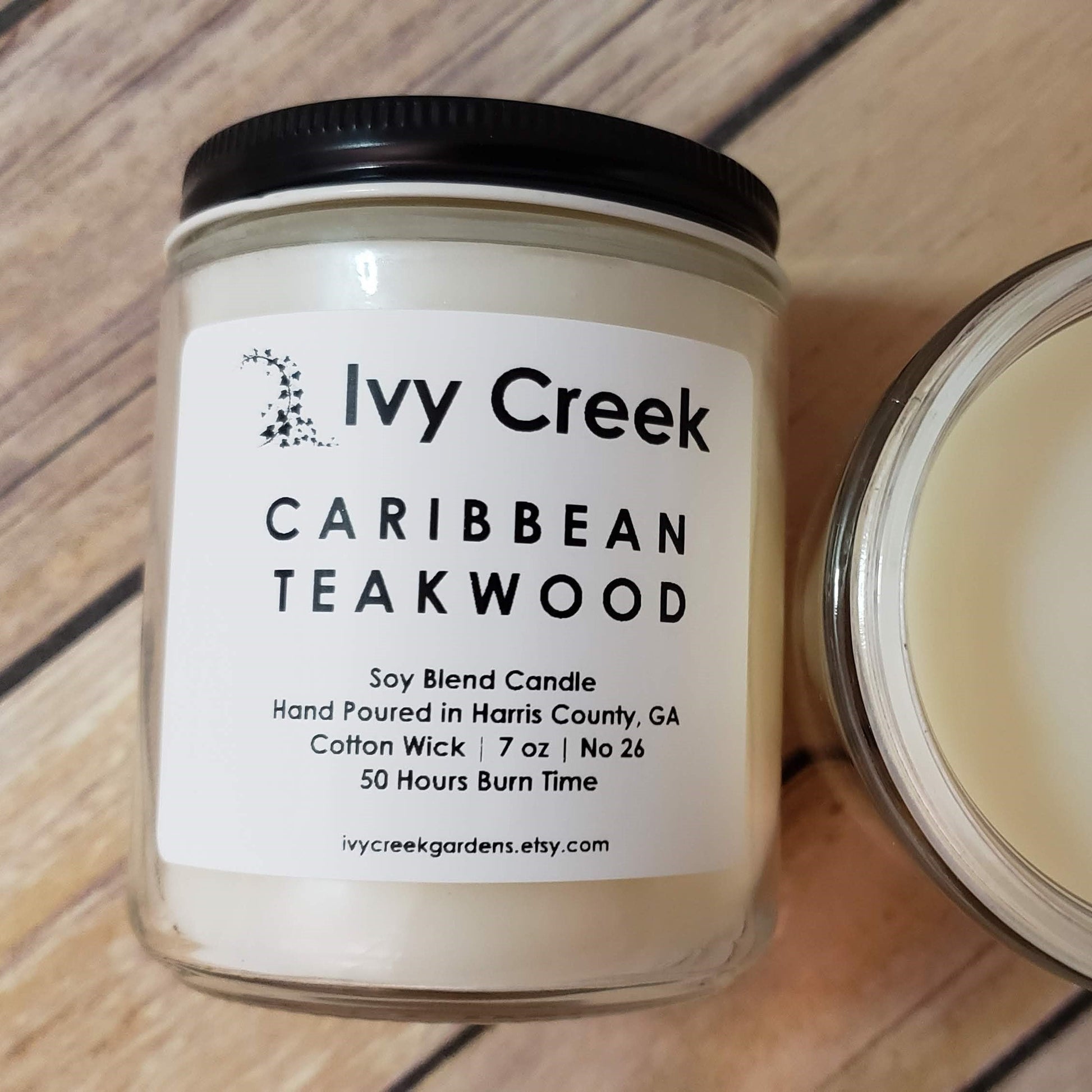 Ivy Creek No 34 | Caribbean Teakwood Soy Blend Candle | Hand Poured | 7 oz | Cotton Wick | Small Batch | Clean Burning | Container Candle