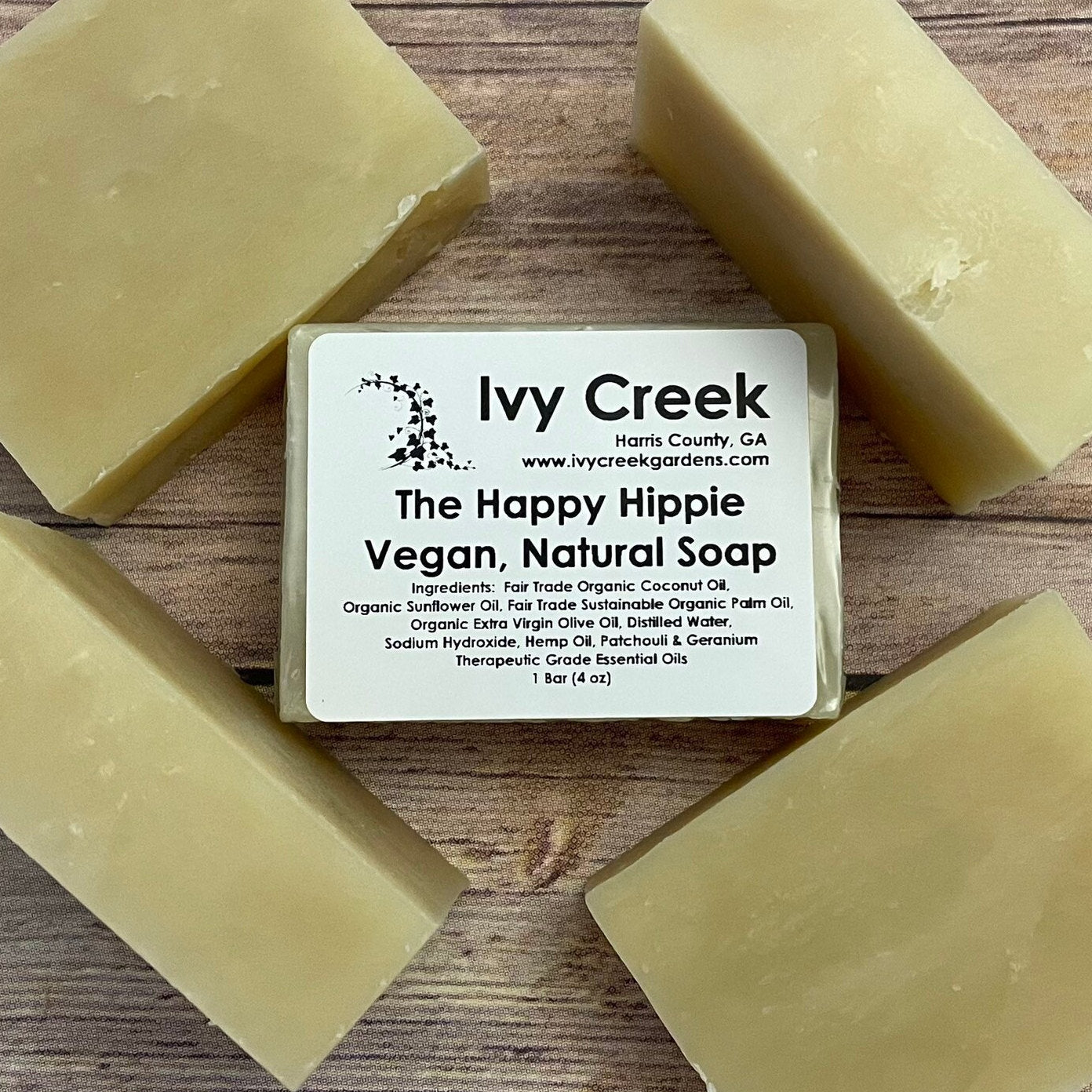 Ivy Creek The Happy Hippie Vegan Soap | Patchouli and Geranium Scented Natural Soap - 4 oz bar soap